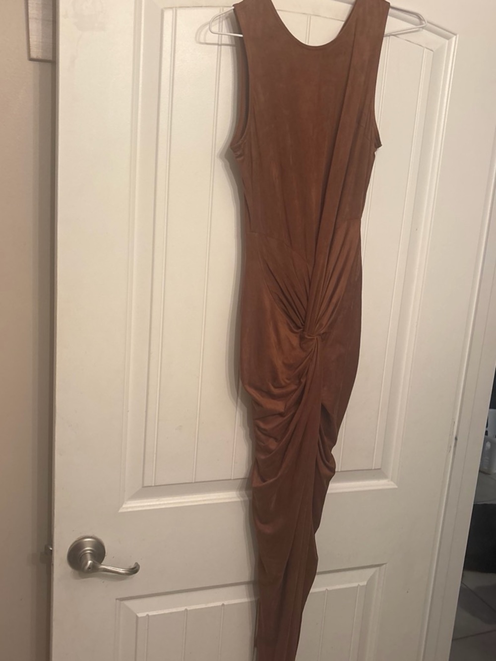 Sleeveless Twist-Ruched Maxi Dress in Rust Brown